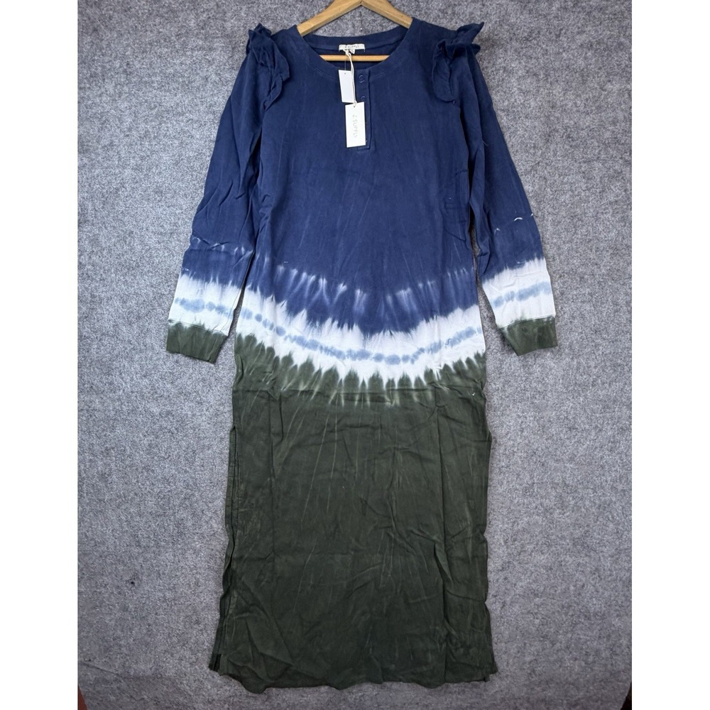 Z Supply Ruffle Maxi Dress Womens L Multicolor Tie Dye Black‎ Iris Boho Beachy